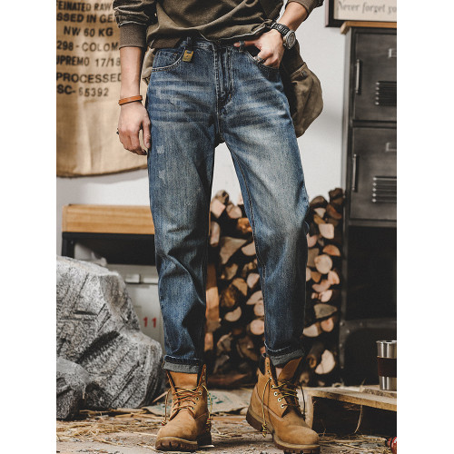 美式復古做舊水洗加絨牛仔褲男2025新款寬鬆直筒春秋男士休閒褲子