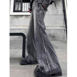 美式潮牌壓褶水洗不規則牛仔褲男士微喇叭復古解搆拖地休閒褲子