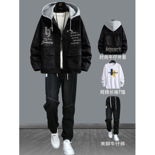 青少年牛仔套裝男士春秋冬季新款外套潮牌大高中學生夾克加絨加厚