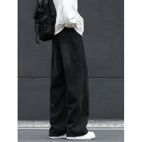 黑灰色濶腿牛仔褲男寬鬆直筒2025夏季新款褲子男學生拖地長褲美式