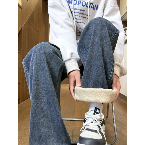 獵璞牛仔褲男加絨美式冬季新款休閒寬鬆彎刀長褲男士直筒加厚褲子