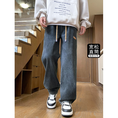 獵璞牛仔褲男加絨美式冬季新款休閒寬鬆彎刀長褲男士直筒加厚褲子