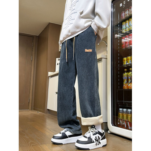 獵璞牛仔褲男加絨美式冬季新款休閒寬鬆彎刀長褲男士直筒加厚褲子