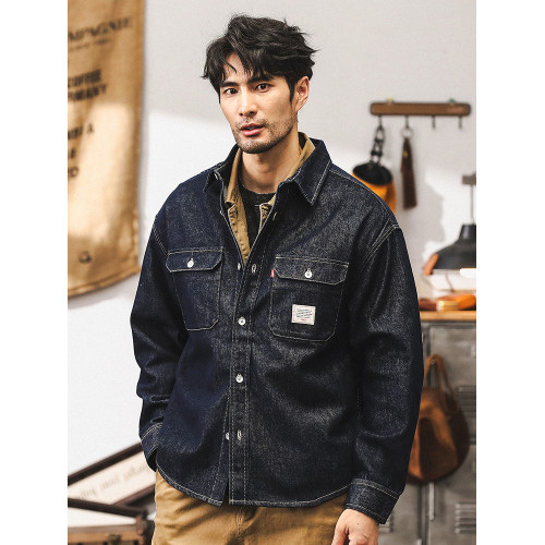 美式經典復古丹甯原色水洗牛仔外套男春秋款寬鬆休閒工裝襯衫夾克