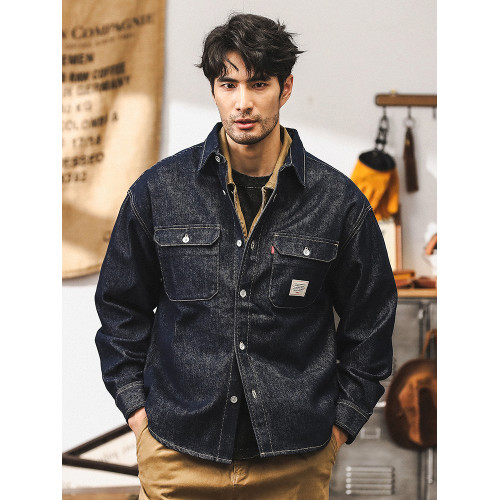 美式經典復古丹甯原色水洗牛仔外套男春秋款寬鬆休閒工裝襯衫夾克