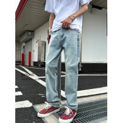 Entong美式復古水洗淺藍色褲子春秋季男款潮牌直筒百搭修身牛仔褲