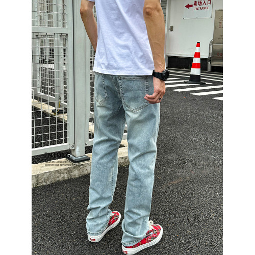 Entong美式復古水洗淺藍色褲子春秋季男款潮牌直筒百搭修身牛仔褲