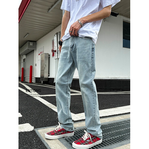Entong美式復古水洗淺藍色褲子春秋季男款潮牌直筒百搭修身牛仔褲