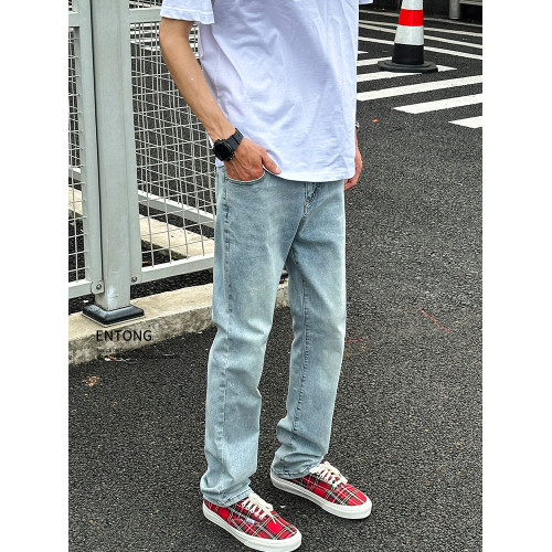 Entong美式復古水洗淺藍色褲子春秋季男款潮牌直筒百搭修身牛仔褲