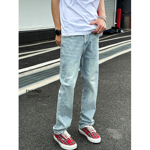 Entong美式復古水洗淺藍色褲子春秋季男款潮牌直筒百搭修身牛仔褲