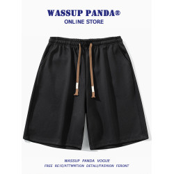 WASSUP PANDA冰絲松緊腰短褲男夏季潮牌寬鬆百搭休閒運動五分褲子