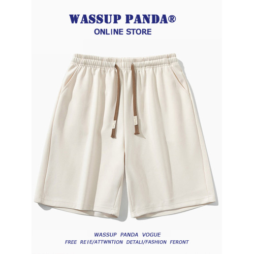WASSUP PANDA冰絲松緊腰短褲男夏季潮牌寬鬆百搭休閒運動五分褲子