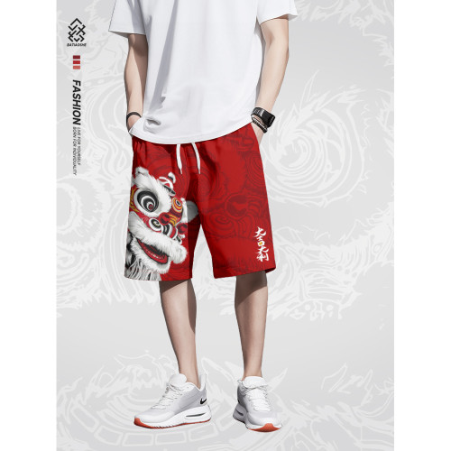 2025夏季新款國潮醒獅速乾短褲男風寬鬆薄款運動沙灘五分褲子