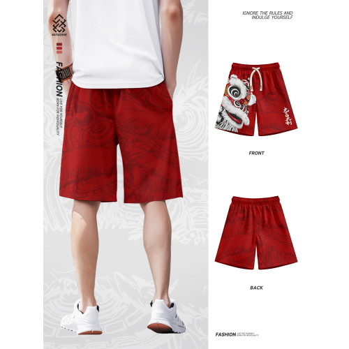 2025夏季新款國潮醒獅速乾短褲男風寬鬆薄款運動沙灘五分褲子