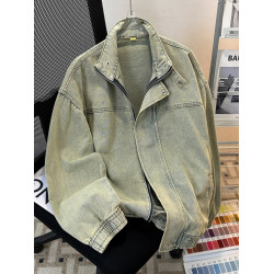 黃泥色牛仔外套男士春秋季潮牌美式水洗做舊上衣寬鬆立領工裝夾克