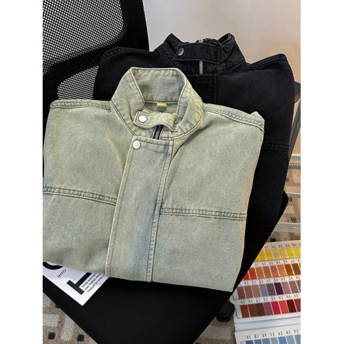 黃泥色牛仔外套男士春秋季潮牌美式水洗做舊上衣寬鬆立領工裝夾克