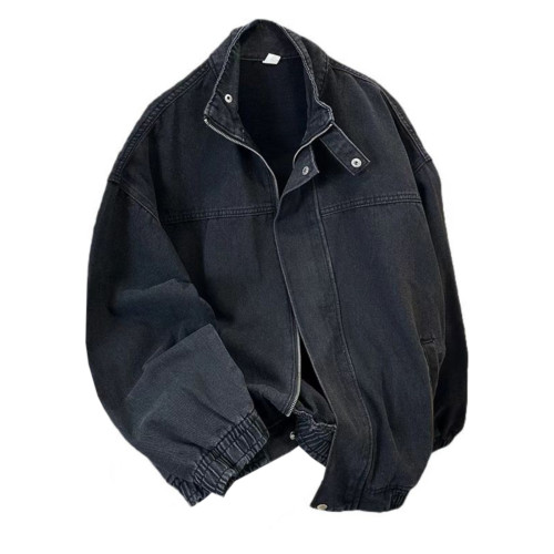 黃泥色牛仔外套男士春秋季潮牌美式水洗做舊上衣寬鬆立領工裝夾克