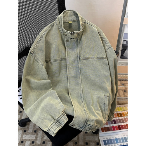 黃泥色牛仔外套男士春秋季潮牌美式水洗做舊上衣寬鬆立領工裝夾克