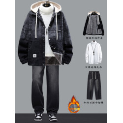 牛仔夾克青少年冬季外套男2025新款初中學生潮流帥氣加絨加厚套裝