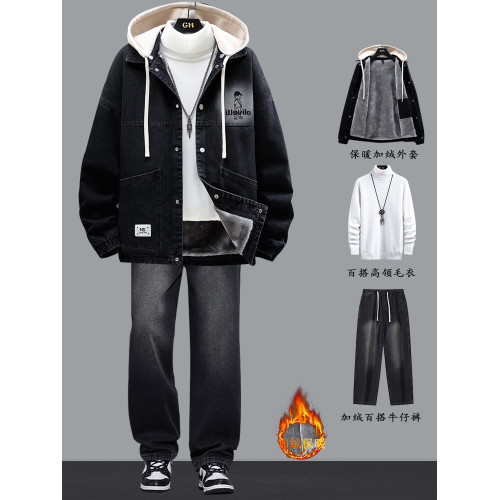 牛仔夾克青少年冬季外套男2025新款初中學生潮流帥氣加絨加厚套裝