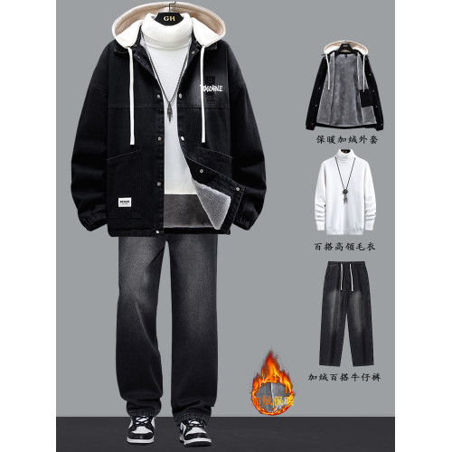 牛仔夾克青少年冬季外套男2025新款初中學生潮流帥氣加絨加厚套裝