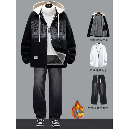 牛仔夾克青少年冬季外套男2025新款初中學生潮流帥氣加絨加厚套裝