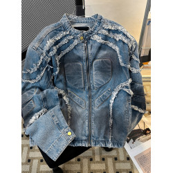 浮雕毛邊墊肩牛仔外套男款春秋季復古美式痞帥上衣潮牌機車服夾克