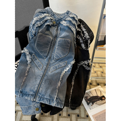 浮雕毛邊墊肩牛仔外套男款春秋季復古美式痞帥上衣潮牌機車服夾克