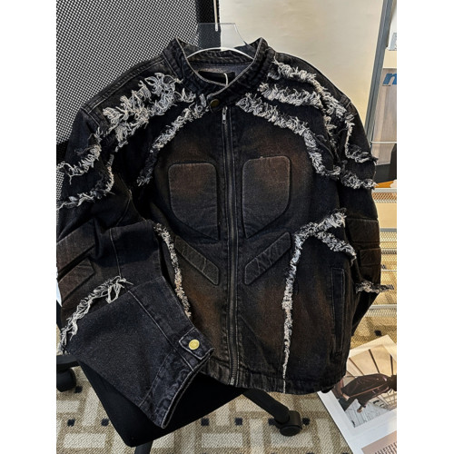 浮雕毛邊墊肩牛仔外套男款春秋季復古美式痞帥上衣潮牌機車服夾克