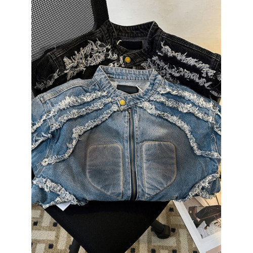 浮雕毛邊墊肩牛仔外套男款春秋季復古美式痞帥上衣潮牌機車服夾克