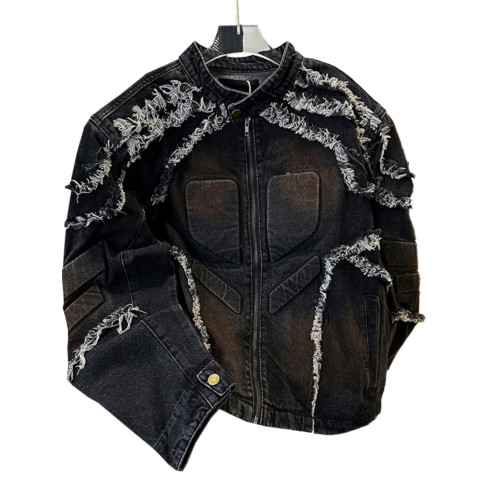 浮雕毛邊墊肩牛仔外套男款春秋季復古美式痞帥上衣潮牌機車服夾克