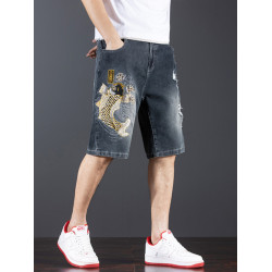 新中式國潮刺綉牛仔短褲男士五分中褲彈力寬鬆破洞潮牌大碼綉花款