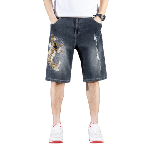 新中式國潮刺綉牛仔短褲男士五分中褲彈力寬鬆破洞潮牌大碼綉花款