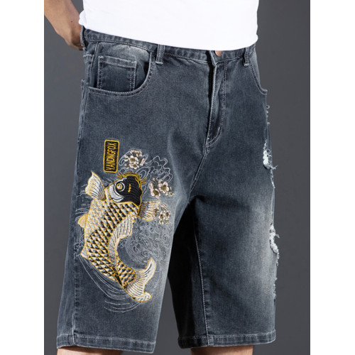 新中式國潮刺綉牛仔短褲男士五分中褲彈力寬鬆破洞潮牌大碼綉花款