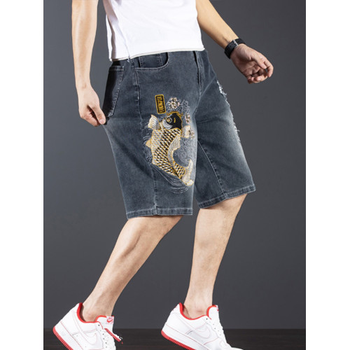 新中式國潮刺綉牛仔短褲男士五分中褲彈力寬鬆破洞潮牌大碼綉花款