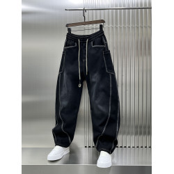 新款2024冬季加絨加厚彎刀牛仔褲男士寬鬆直筒濶腿褲復古潮牌高級