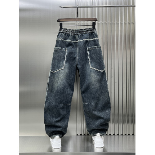 新款2024冬季加絨加厚彎刀牛仔褲男士寬鬆直筒濶腿褲復古潮牌高級