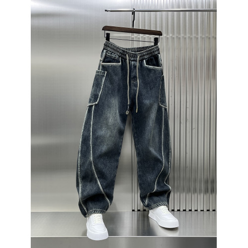 新款2024冬季加絨加厚彎刀牛仔褲男士寬鬆直筒濶腿褲復古潮牌高級