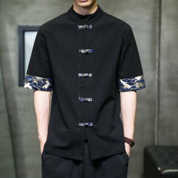 風夏季短袖襯衫男印花撞色盤釦唐裝漢服寬鬆大碼復古棉麻襯衣