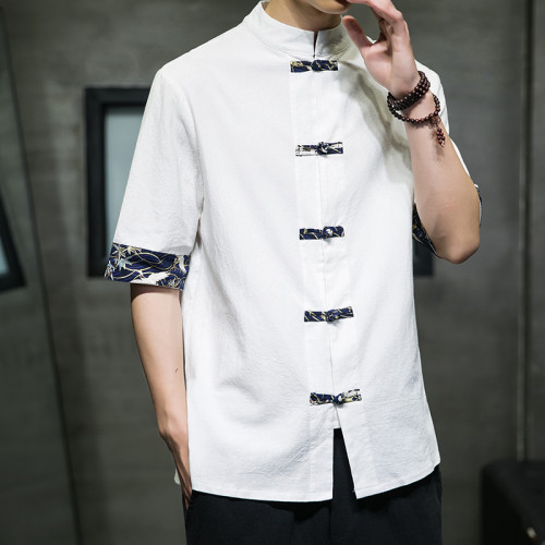 風夏季短袖襯衫男印花撞色盤釦唐裝漢服寬鬆大碼復古棉麻襯衣