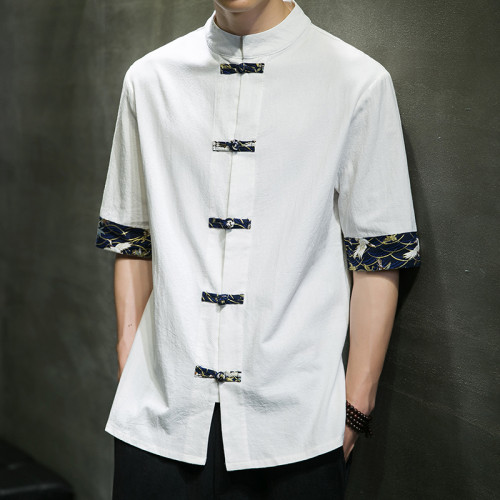 風夏季短袖襯衫男印花撞色盤釦唐裝漢服寬鬆大碼復古棉麻襯衣