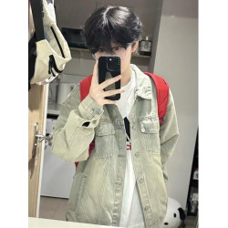美式潮牌黃泥水洗淺色牛仔外套男女學院風青少年復古情侶棒球服