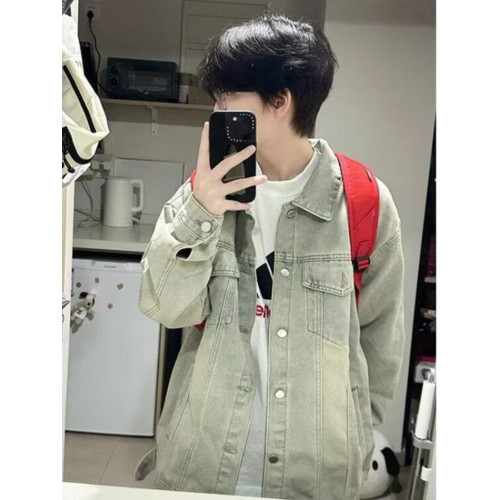 美式潮牌黃泥水洗淺色牛仔外套男女學院風青少年復古情侶棒球服