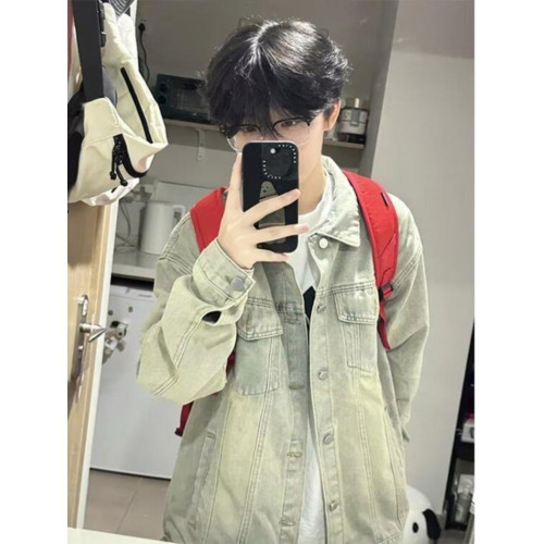 美式潮牌黃泥水洗淺色牛仔外套男女學院風青少年復古情侶棒球服
