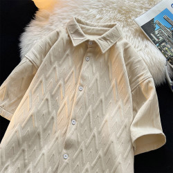 菱形格肌理感提花短袖襯衫男美式復古重磅加大碼寬鬆胖人半袖襯衣