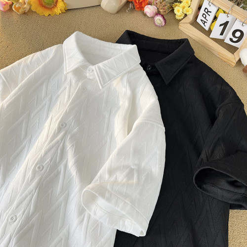 菱形格肌理感提花短袖襯衫男美式復古重磅加大碼寬鬆胖人半袖襯衣