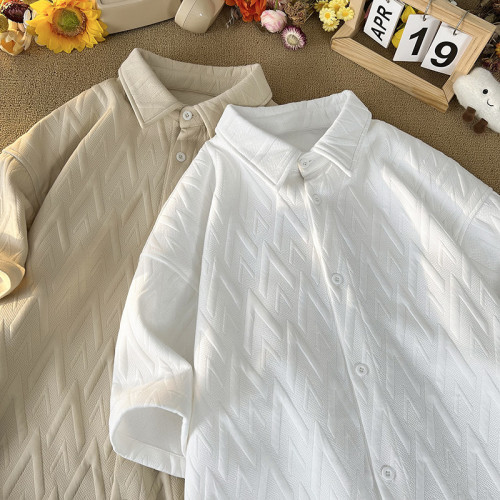 菱形格肌理感提花短袖襯衫男美式復古重磅加大碼寬鬆胖人半袖襯衣