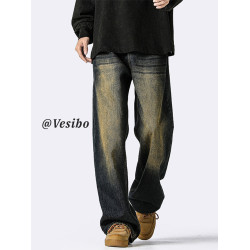 復古做舊水洗牛仔褲男冬季美式高街寬鬆拖地褲子潮牌大碼濶腿長褲