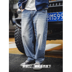 馬登工裝美式休閒水洗牛仔褲復古貓須磨白丹甯純棉直筒褲子男春季