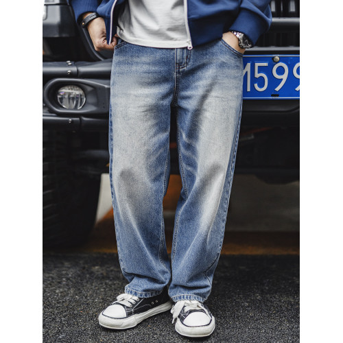 馬登工裝美式休閒水洗牛仔褲復古貓須磨白丹甯純棉直筒褲子男春季